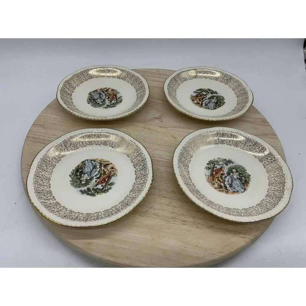 Homer‎ Laughlin Dessert Bowls Set 4 White Gold Courting Couple USA Scene Vintage